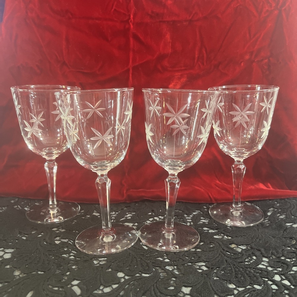 4 Libbey Candlelight Etched glass Water Goblets